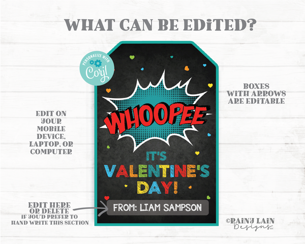 Whoopee Cushion Valentine Whoopee It's Valentine's Day Tag Whoopie Preschool Classroom Printable Kids Non-Candy Editable Favor Valentine Tag