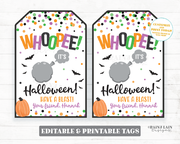 Whoopee Cushion Halloween Gift Tag Whoopee It's Halloween Whoopie Preschool Classroom Student Printable Kids Non-Candy Halloween Tag