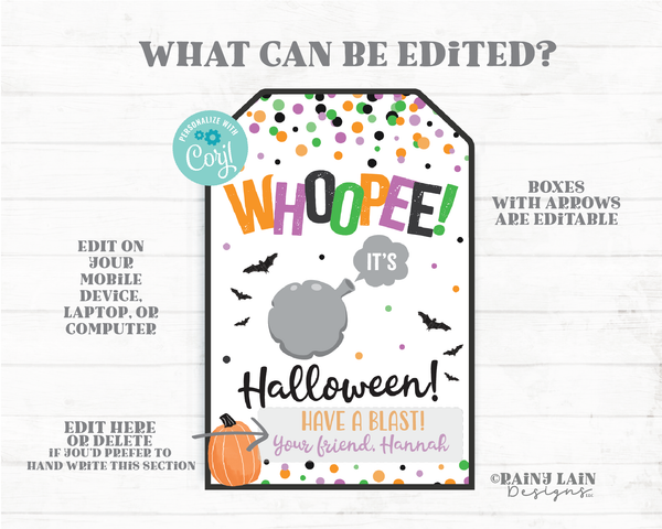 Whoopee Cushion Halloween Gift Tag Whoopee It's Halloween Whoopie Preschool Classroom Student Printable Kids Non-Candy Halloween Tag