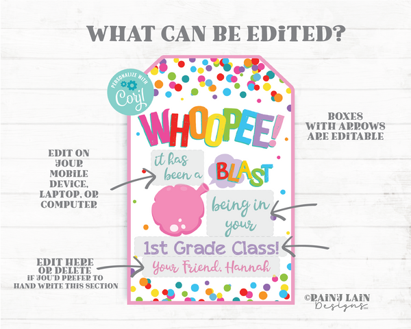 Whoopee It's Been Blast Being in Your Class End of School Year Summer From Teacher To Student Preschool Classroom Cushion Gift Tag Editable