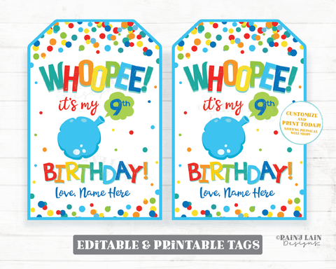 Whoopee Birthday Tag It's My Birthday Party Favor Tags Boy Preschool Student Classroom Your Birthday Cushion Gift Tag Editable Printable