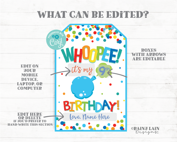 Whoopee Birthday Tag It's My Birthday Party Favor Tags Boy Preschool Student Classroom Your Birthday Cushion Gift Tag Editable Printable