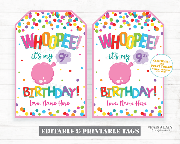 Whoopee It's My Birthday Party Favor Tags Preschool Student Classroom Your Birthday Cushion Gift Tag Editable Printable