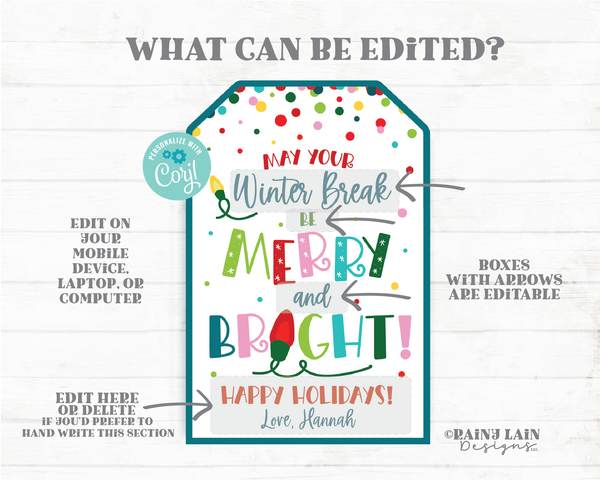 May Your Winter Break be Merry and Bright Tag Christmas Gift Tag Holiday Favor Treat Sweet Staff Teacher Principal PTO Student Classroom