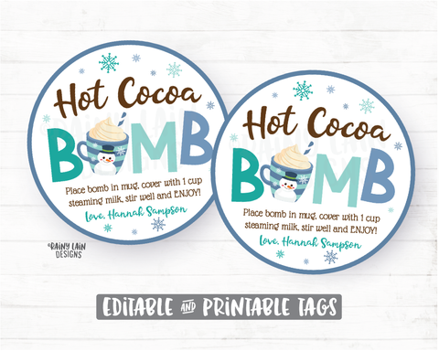 Winter Cocoa Bomb Tag, Snowflake Hot Chocolate Bomb Tags, Editable Cocoa Bomb Tags, You're the Bomb, Hot Cocoa Snowman Hot Cocoa Bomb
