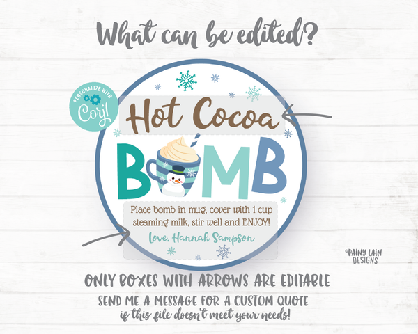 Winter Cocoa Bomb Tag, Snowflake Hot Chocolate Bomb Tags, Editable Cocoa Bomb Tags, You're the Bomb, Hot Cocoa Snowman Hot Cocoa Bomb