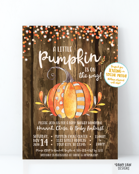 Little Pumpkin Baby Shower Invitation, Fall Baby Shower Invite, Pumpkin Wood Drive By Fall Leaves, Watercolor Pumpkin Baby Shower Virtual