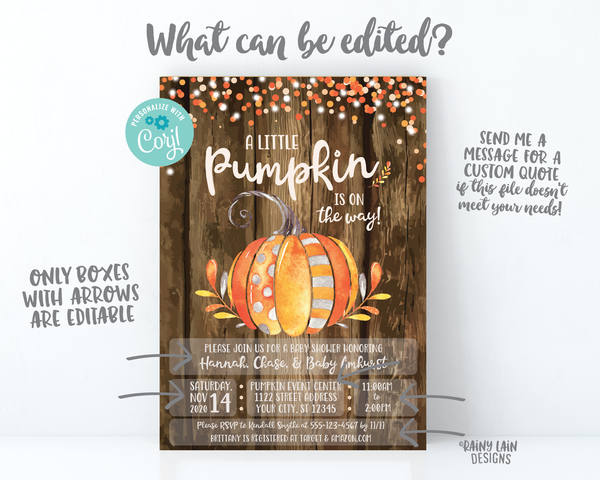 Little Pumpkin Baby Shower Invitation, Fall Baby Shower Invite, Pumpkin Wood Drive By Fall Leaves, Watercolor Pumpkin Baby Shower Virtual