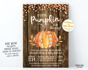 Little Pumpkin Baby Shower Invitation, Fall Baby Shower Invite, Pumpkin Wood Drive By Fall Leaves, Watercolor Pumpkin Baby Shower Virtual