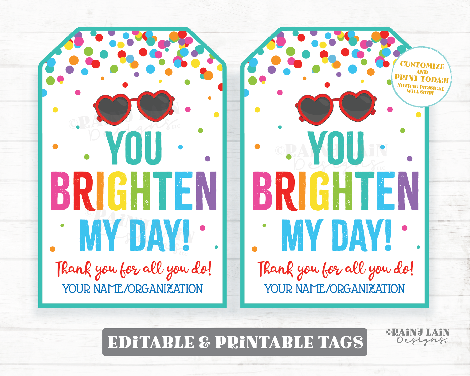You Brighten My Day Tag Sunglasses Thank You Tags Sun Birthday Favor Tag Gift Tag Employee Appreciation Staff Company Teacher PTO School