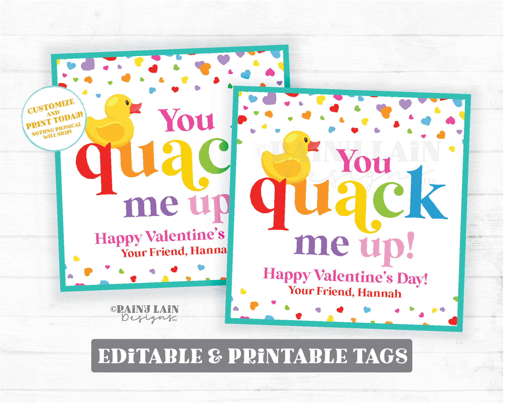 Rubber Duck Valentine's Day Gift Tag You Quack Me Up Valentine Tag Ducky Duckie Printable Preschool Classroom Kids Non-Candy Editable
