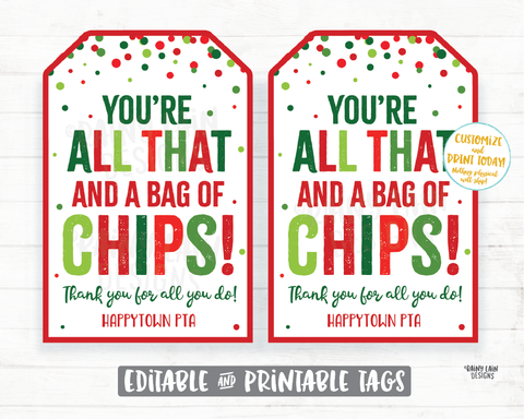 You're all that and a bag of chips Tag Christmas Gift Tag Employee Appreciation Tag Company Co-Worker Staff Corporate Teacher PTO Thank you