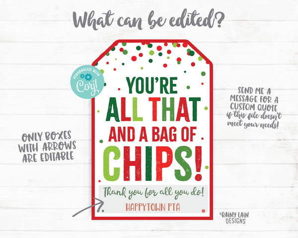 You're all that and a bag of chips Tag Christmas Gift Tag Employee Appreciation Tag Company Co-Worker Staff Corporate Teacher PTO Thank you