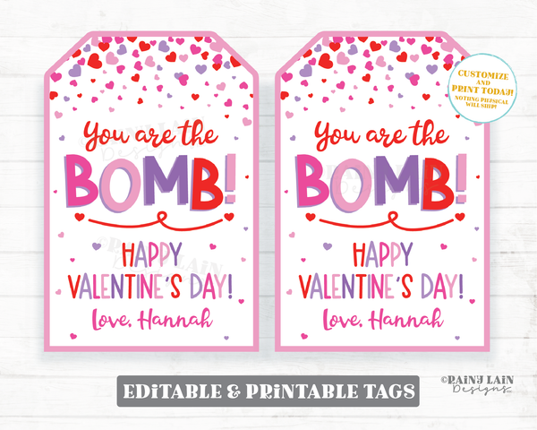 Valentine You're the Bomb You are the Bomb Tag Bath Cocoa Hot Chocolate Preschool Valentine Classroom Printable Kids Non-Candy Valentine Tag