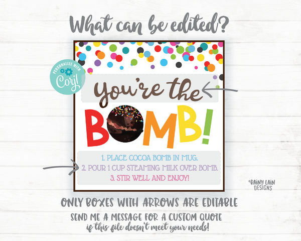 Editable Cocoa Bomb Tags, You're the Bomb Tag, Hot Cocoa Bomb Tag, Hot Chocolate Bomb Tags Employee Teacher Staff Appreciation Thank you Tag