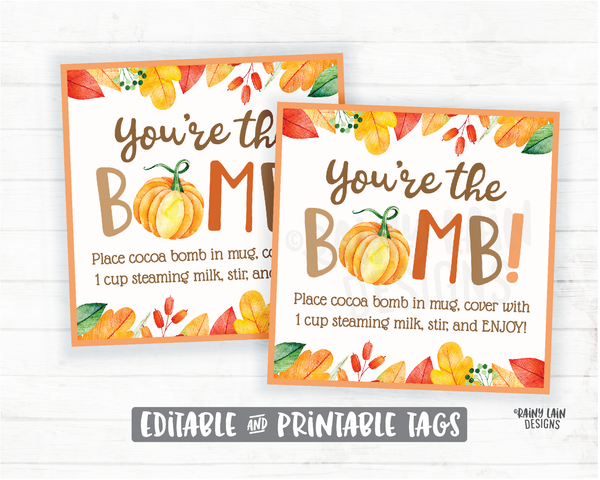 Pumpkin Hot Cocoa Bomb Tag, Pumpkin Spice Hot Chocolate Bomb Tags, Editable Cocoa Bomb Tags, You're the Bomb, Fall Gift Tags, Pumpkin Tag