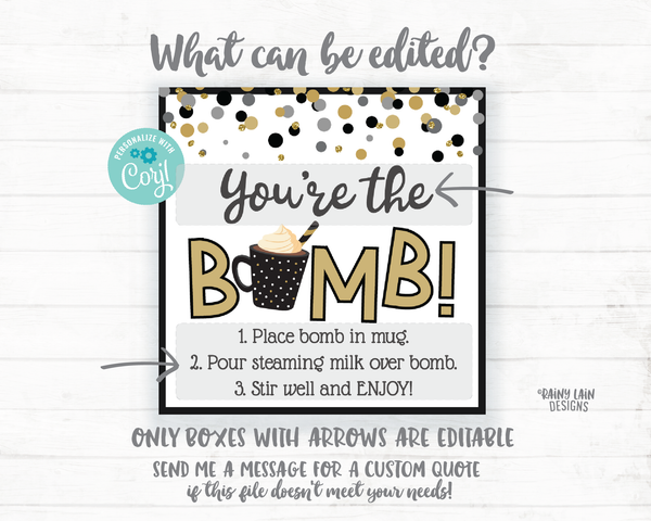 New Years Hot Cocoa Bomb Tag, New Year Hot Chocolate Bomb Tags, Editable Cocoa Bomb Tags You're the Bomb New Year's Gift Tags Black and Gold