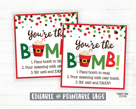 Christmas Hot Cocoa Bomb Tag, Peppermint Hot Chocolate Bomb Tags, Editable Cocoa Bomb Tags, You're the Bomb, Holiday Gift Tags Christmas Tag