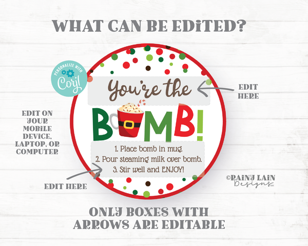 Christmas Hot Cocoa Bomb Tag, Peppermint Hot Chocolate Bomb Tags, Editable Cocoa Bomb Tags, You're the Bomb, Holiday Gift Tags Christmas Tag