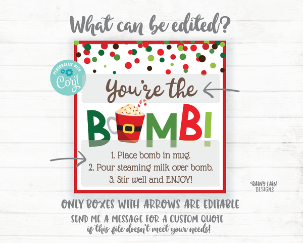 Christmas Hot Cocoa Bomb Tag, Peppermint Hot Chocolate Bomb Tags, Editable Cocoa Bomb Tags, You're the Bomb, Holiday Gift Tags Christmas Tag