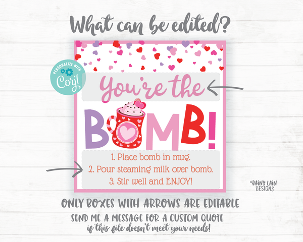 You're the Bomb Valentine's Day Hot Chocolate Bomb Tags Hot Cocoa Bomb Valentine Tag Preschool Printable Valentines Classroom Editable