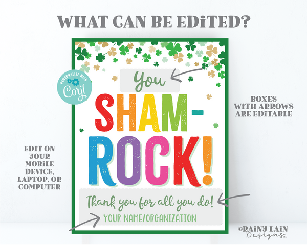 You Sham-Rock St Patrick's Day Sign Thank you for all you do St Patty's Lounge Sign Appreciation Favor Tag Teacher Staff Employee School