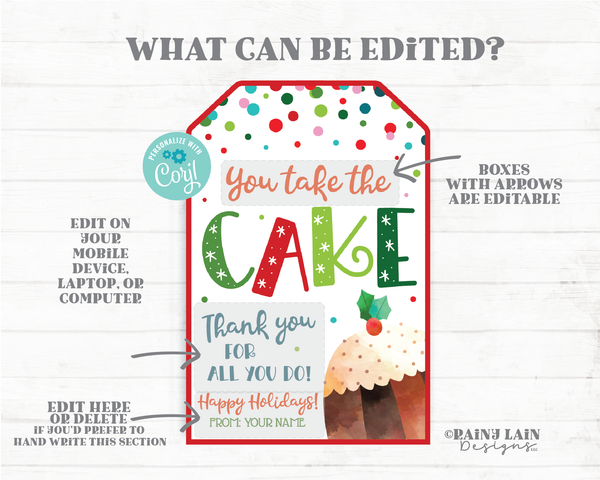 You Take The Cake Tags Christmas Cupcake Bundt Cake Tag Holiday Gift Appreciation Homemade Coach Neighbor Employee Staff Teacher Thank you