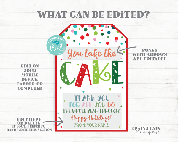 You Take The Cake Tag Holiday Bundt Cake Christmas Cupcake Gift Tags Appreciation Homemade Coach Neighbor Employee Staff Teacher Thank you