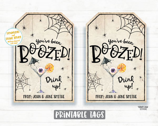 You've been boozed printable set Editable You've been boozed tag and instructions, Halloween Wine Tag Spirits Beer Cocktail Drink Up Witches
