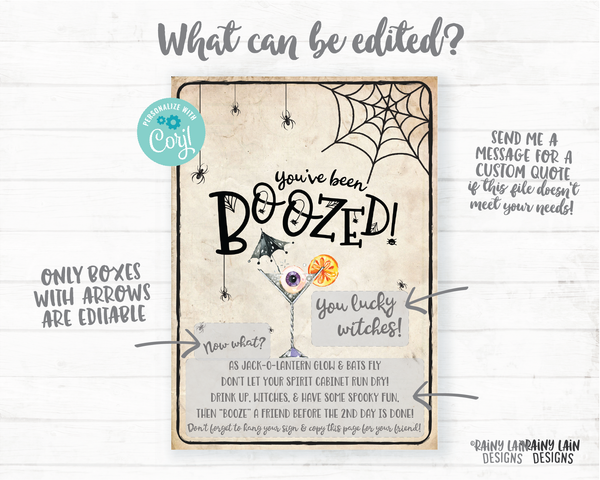 You've been boozed printable set Editable You've been boozed tag and instructions, Halloween Wine Tag Spirits Beer Cocktail Drink Up Witches