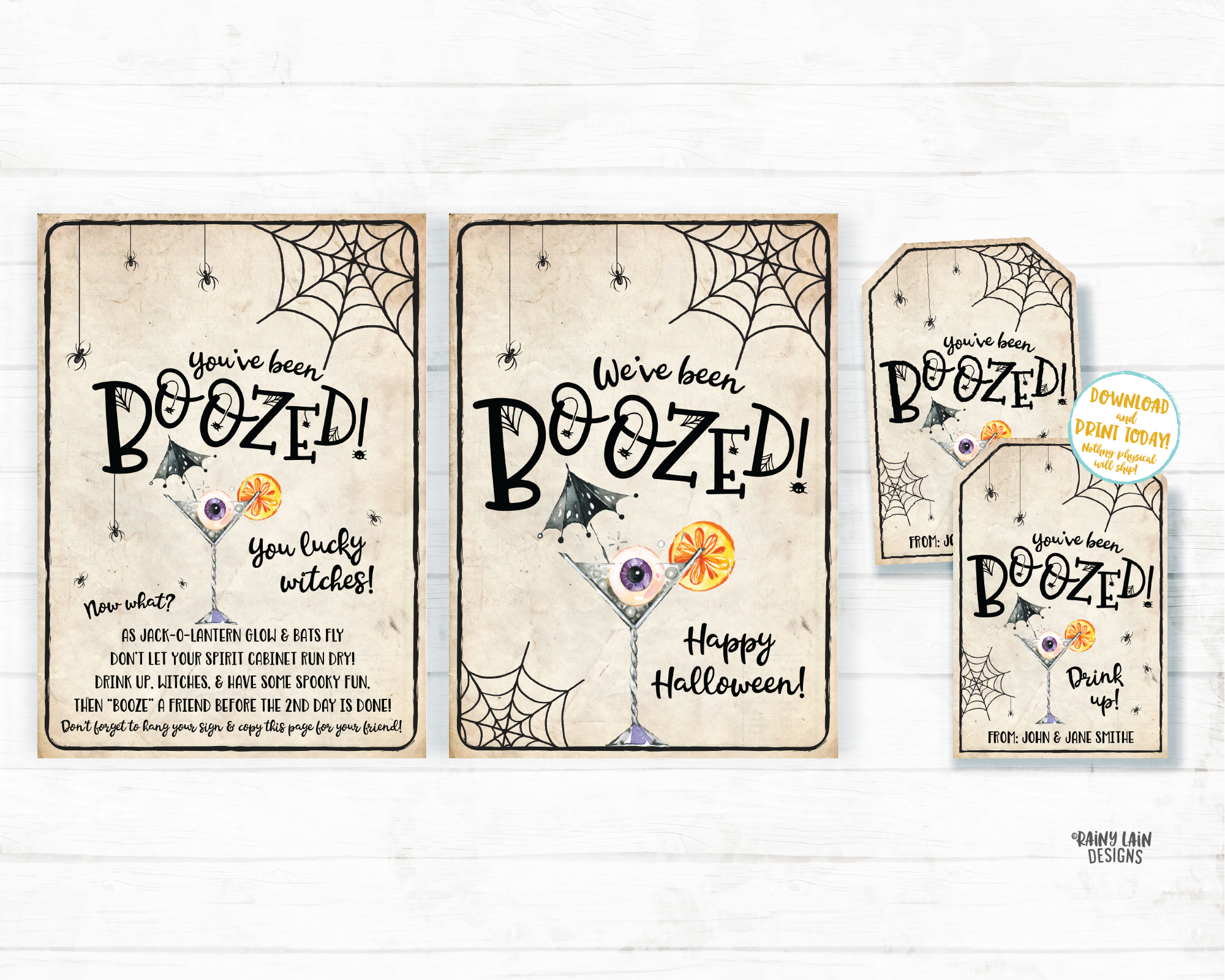 You've been boozed printable set Editable You've been boozed tag and instructions, Halloween Wine Tag Spirits Beer Cocktail Drink Up Witches