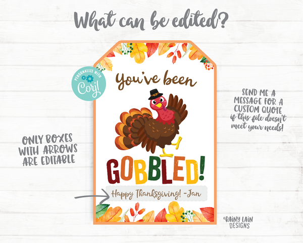 You've been gobbled printable set Editable You've been gobbled tag and instructions Wine Thanksgiving Gift Neighborhood Gift Exchange Office