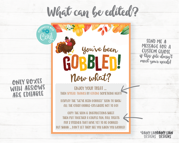 You've been gobbled printable set Editable You've been gobbled tag and instructions Wine Thanksgiving Gift Neighborhood Gift Exchange Office