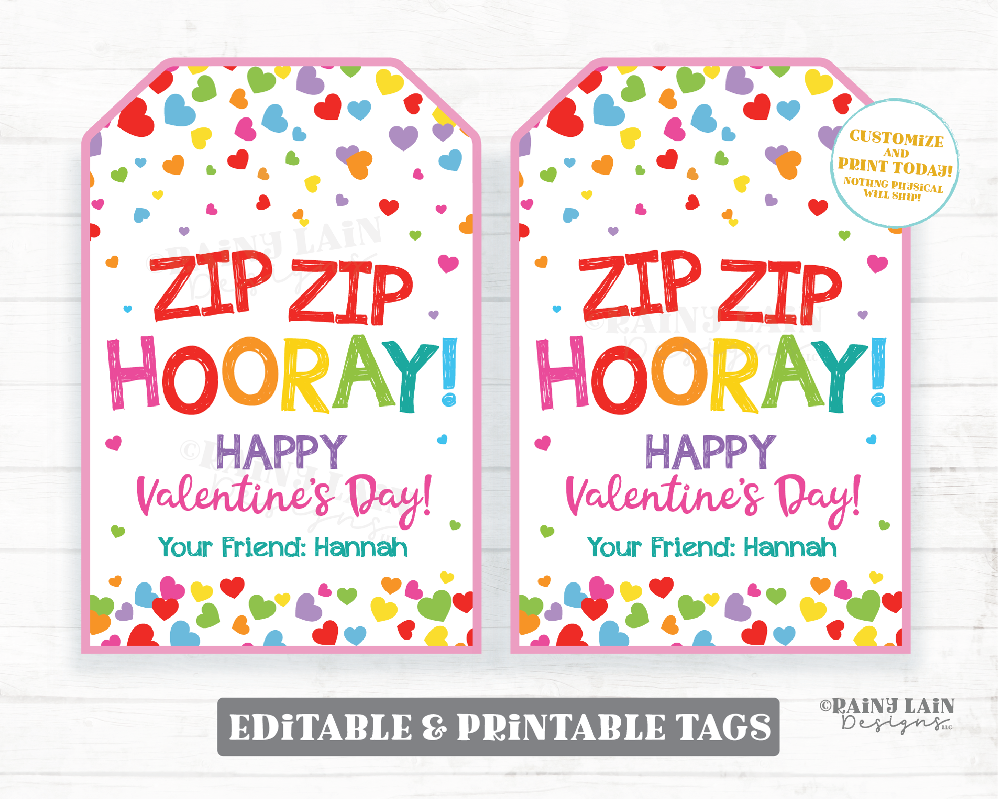 Zip Zip Hooray Zip Bracelet Fidget Gift Valentine Happy Valentine's Day Tag Printable Kids Valentine Preschool Classroom Non-Candy Valentine