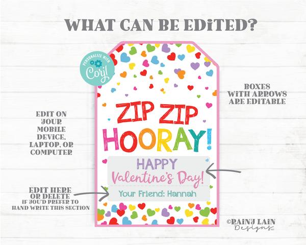 Zip Zip Hooray Zip Bracelet Fidget Gift Valentine Happy Valentine's Day Tag Printable Kids Valentine Preschool Classroom Non-Candy Valentine