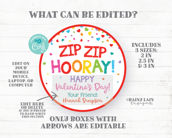 Zip Bracelet Valentine Zip Zip Hooray Happy Valentine's Day Tag Fidget Gift Printable Kids Valentine Preschool Classroom Non-Candy Valentine