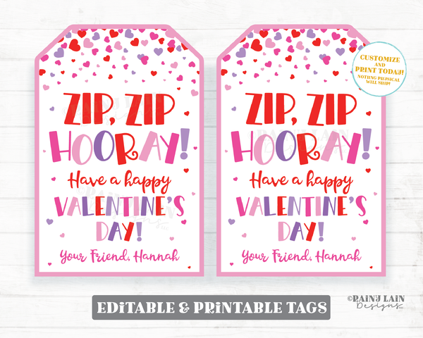 Zip Zip Hooray Tag Zip Bracelet Valentine Fidget Valentine's Day Zipper Gift Printable Kids Preschool Classroom Non-Candy Editable