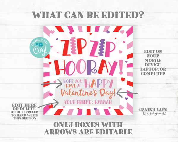 Zip Bracelet Valentine Tag Zip Zip Hooray Fidget Valentine's Day Zipper Gift Printable Kids Preschool Classroom Non-Candy Editable Student